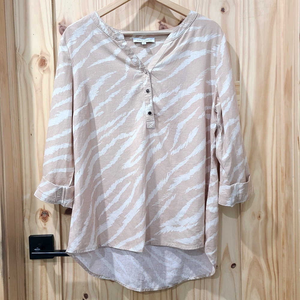 Emily Daniels Linen Blend Popover Top 3/4 Sleeve V-Neck Beachy Coastal Grandma L